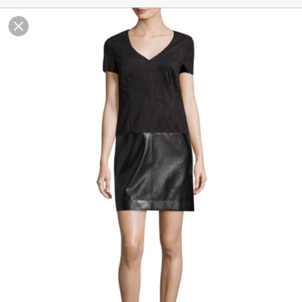 Laundry by Shelli Segal Faux Suede/Leather  Vneck short sleeve black dress sz 10